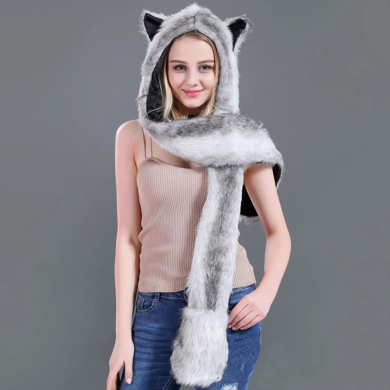 SH001 Для женщин зимняя шапка Earflap Кепки Теплый животных шапка из искусственного меха шапочка Толстовка перчатки Кепки Для женщин шарф, шляпа