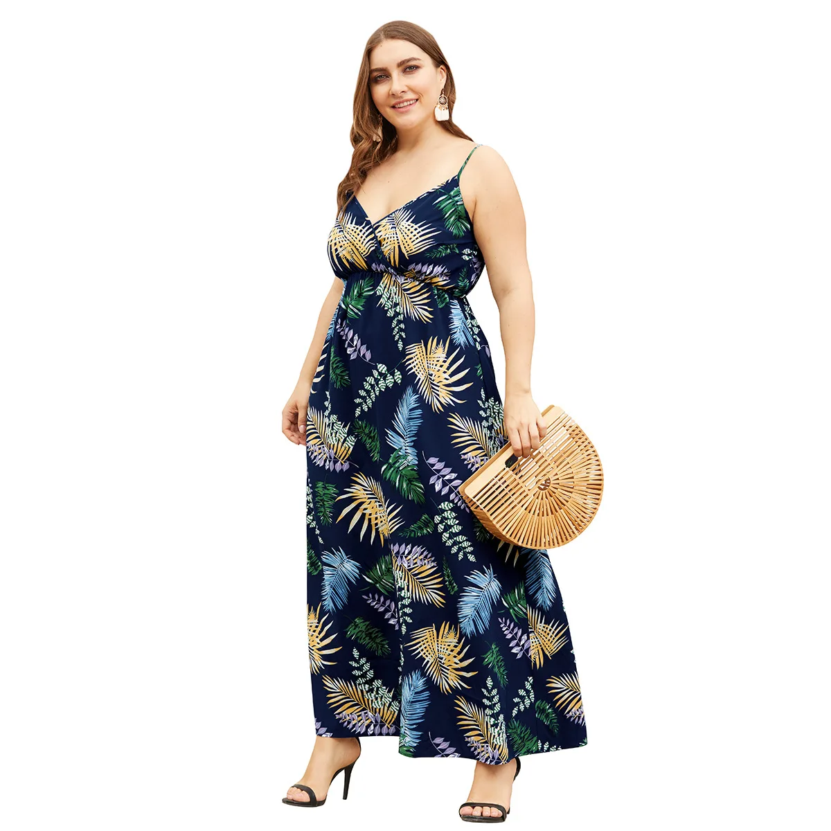 

plus size women's cross V collar high waist and back halter holiday print long dress