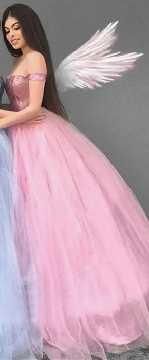 Pink С открытыми плечами пышные платья Топ с блёстками и длинная юбка в пол из тюля пышные линии Vestidos De 15 Anos сладкий 16 платье для выпускного вечера - Цвет: Pink