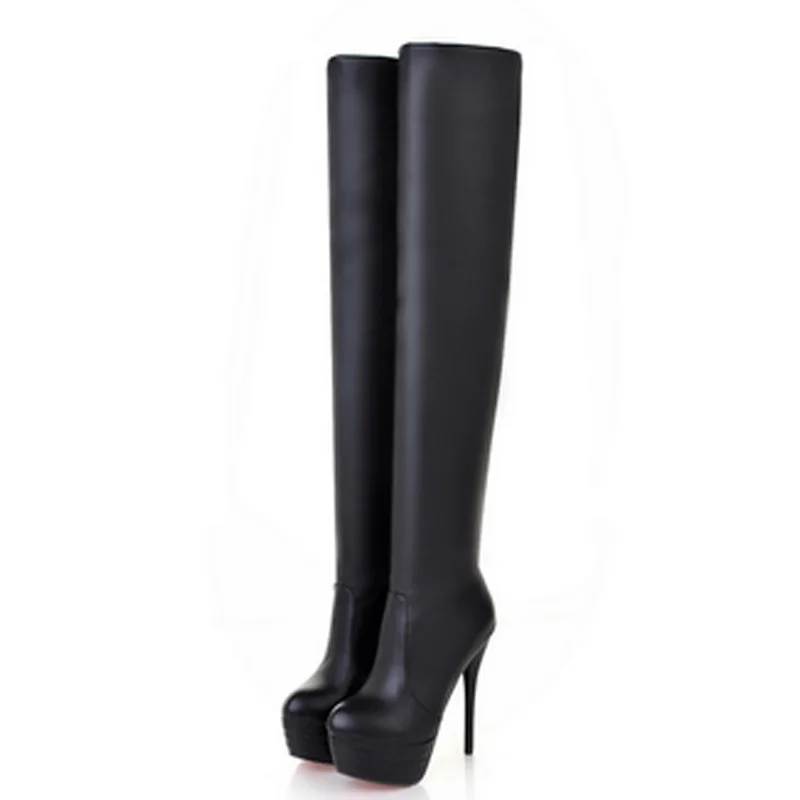 Пикантные Черные Сапоги выше колена; женские сапоги на платформе и высоком каблуке; сезон осень-зима; кожаные облегающие высокие сапоги; белая женская обувь; WSH763