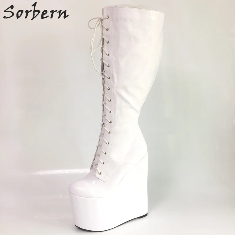 Sorbern Gloss White Knee High Boots For Women Wedges High Heels