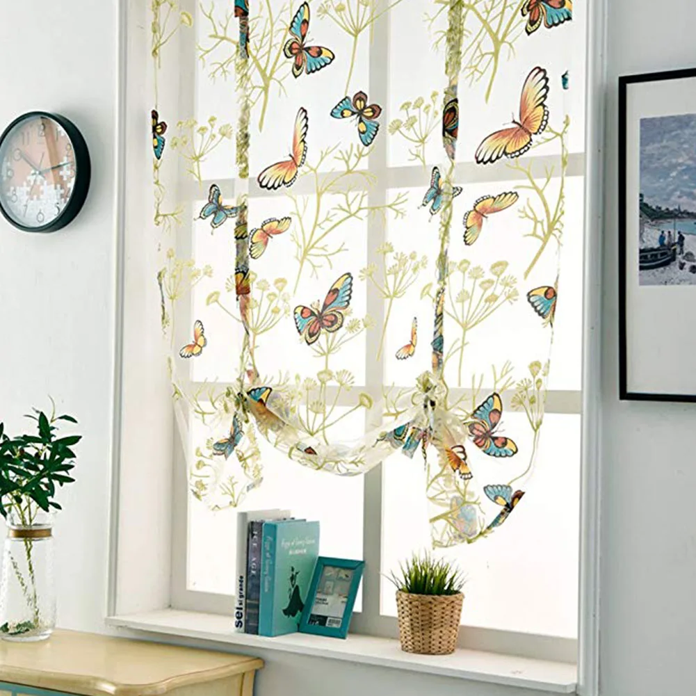 

Bedroom Butterfly Floral Pattern Window Roman Curtain Short Office Voile Kitchen Living Room Tulle Embroidered Semi-shading
