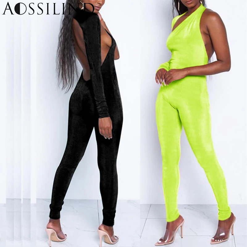 AOSSILIND Fluorescent Green One Shoulder Sexy Bodycon Jumpsuit Women Autumn Long Sleeve Backless Skinny Party Club Overalls