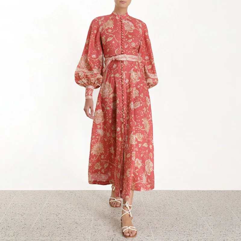 

Australia Designer Brand Dress for Women Red Printed Stand Collar Lantern Long Sleeve High Waist Bow Long Dress Party