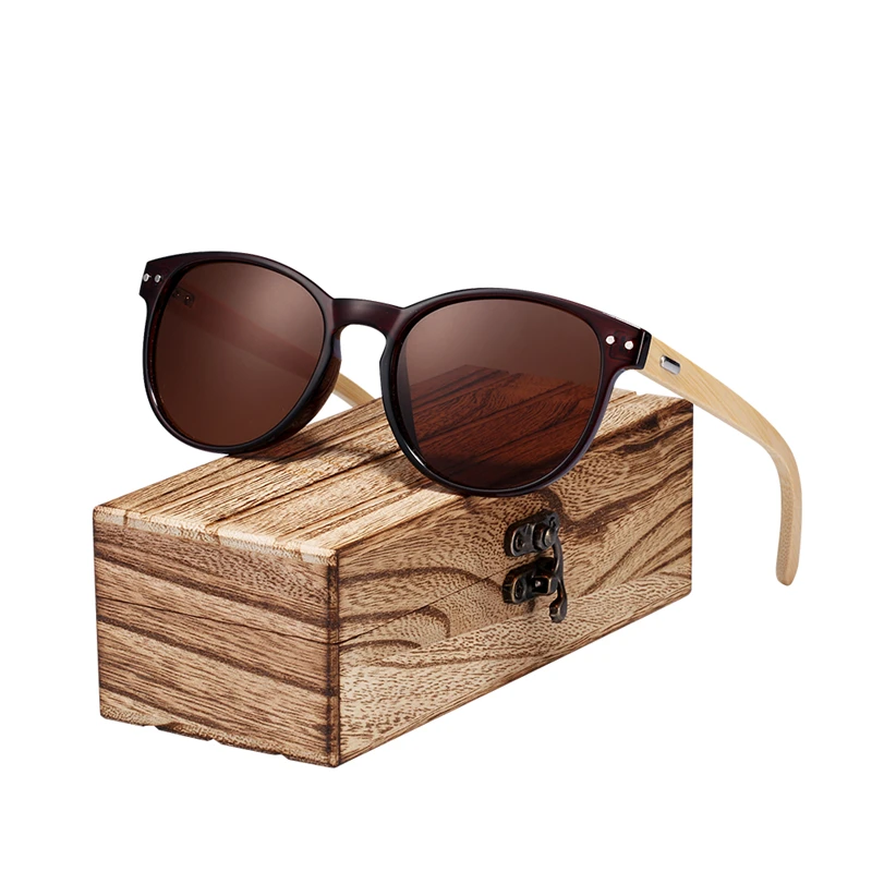 BARCUR Vintage Round Sunglasses Bamboo Temples