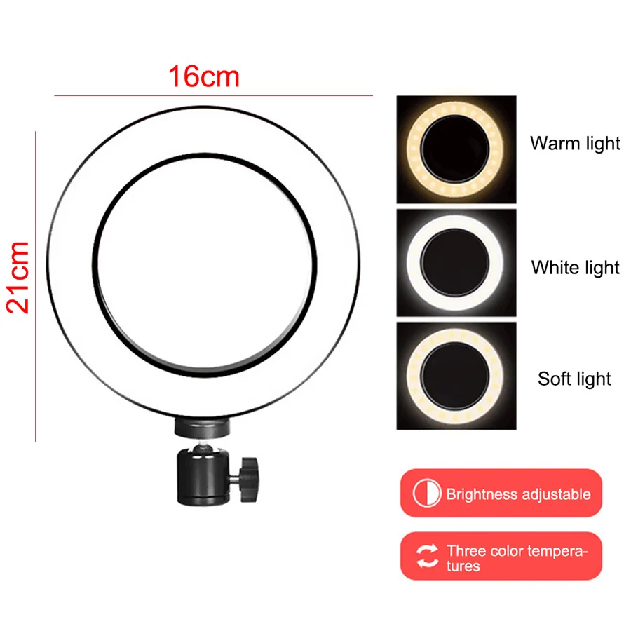 Светодиодный кольцевой светильник с регулируемой яркостью для селфи, Youtube Video Live, 3500-5500 k, для студийной фотосъемки, заполняющий кольцевой светильник с держателем для телефона и штативом - Цвет: 16cm ring light