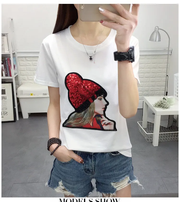 New Summer T-shirt Women Tshirt Plus Size Funny Print Tops Tees Femme Short Sleeve Sequins Poleras Mujer Moda 2018 (3)