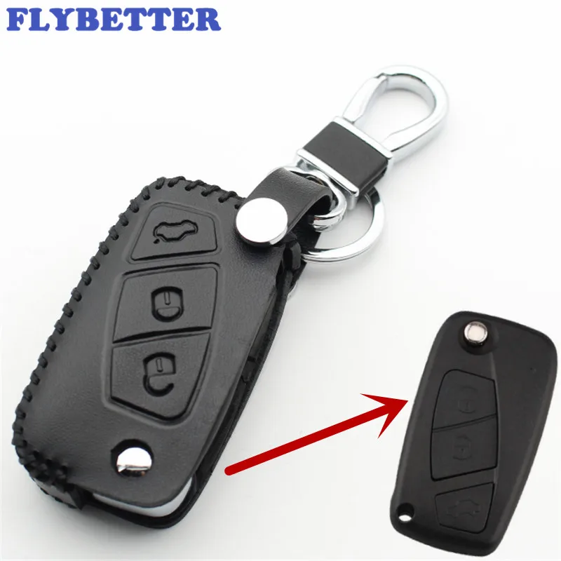 

FLYBETTER Genuine Leather 3Button Flip Key Case Cover For Fiat Panda/Idea/Punto/Stilo/Ducato Car Styling L190