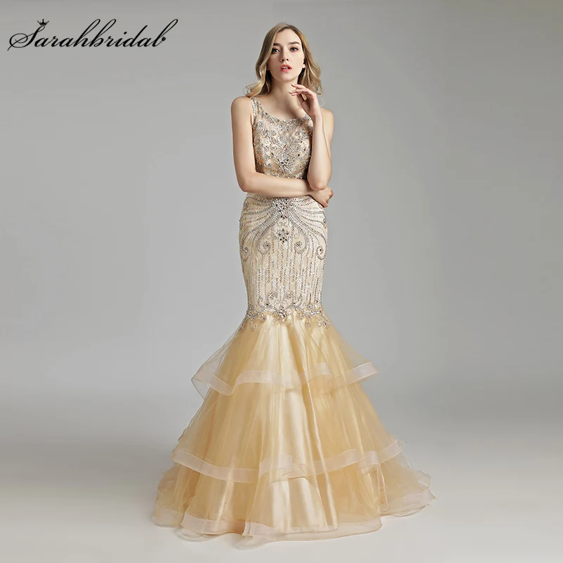 

Robe De Soiree Real Photos New Mermaid Arrivals Evening Dresses Tulle Floor Length Formal Crystal Beaded Actual Image LSX492