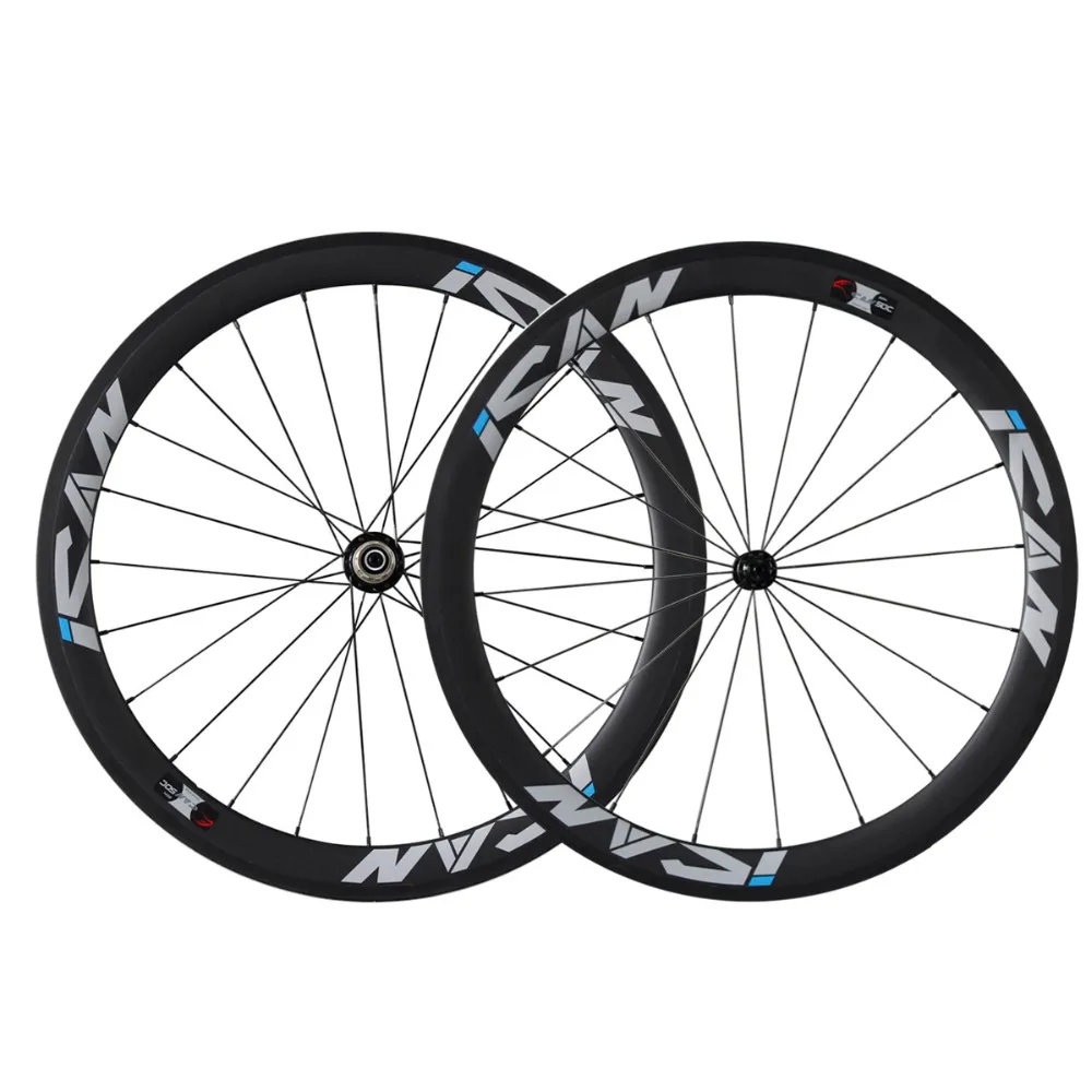 Cheap ICAN 700C 50mm clincher carbon wheels 23mm width UD matt road bicycle Powerway R13 black hubs CN spoeks carbon wheelset 50C 0