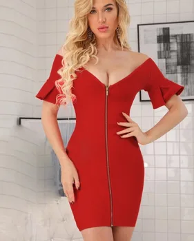 

High Quality Sexy Women Red V-Neck Rayon Bandage Elegant Homecoming Evening Party Dress