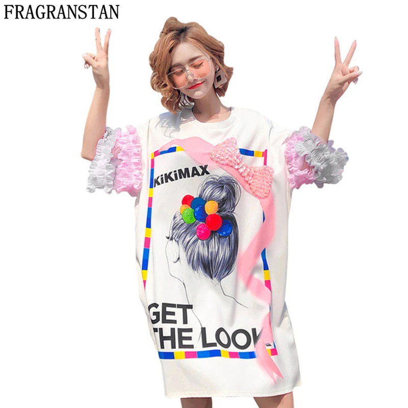 

2018 New Women Sequins Patchwork Summer Dress Loose Plus Size Female White Vestido Cartoon Print Petal Sleeve Cotton Dress LY407