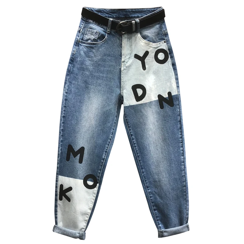 Джинсы женские весна Высокая талия Свободные хит цвет Харлан брюки буквы печатные джинсы плюс размер 26-31