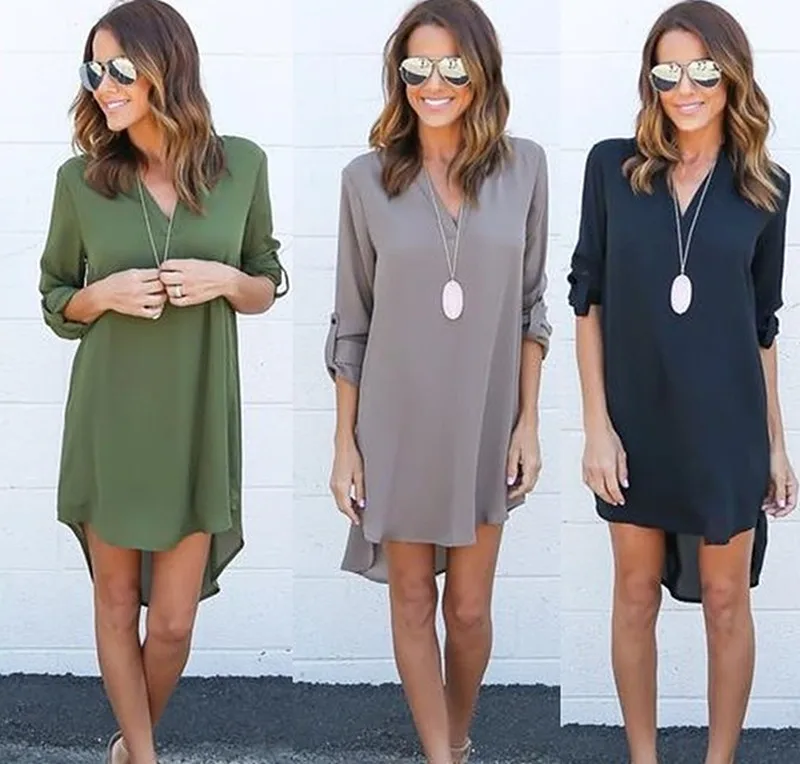 

Black Army Green Plus Size Women Clothing Long Sleeve Bodycon Chiffon Dresses Vestidos Knee-length Blouse T Shirt Dress 3XL 5XL