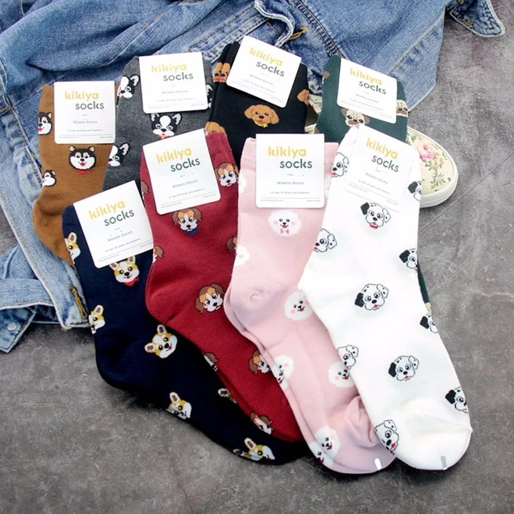 

Cartoon french bulldog women socks beagle dog cute funny print sock autumn winter comfort sweat absorption white cotton socks