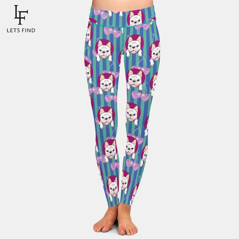 

LETSFIND Vertical Stripes Print Cartoon Dog Design Women Polyester Leggings High Waist Elastic Slim Soft Ankle-Length Leggings