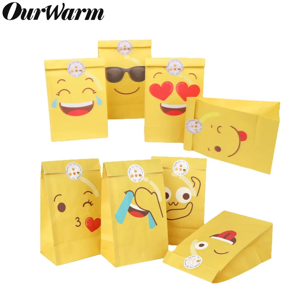 

OurWarm 12pcs Emoji Party Cute Emoji Smiley Paper Bags with Emoji Stickers Children Birthday Party Gift Bags Candy Bags