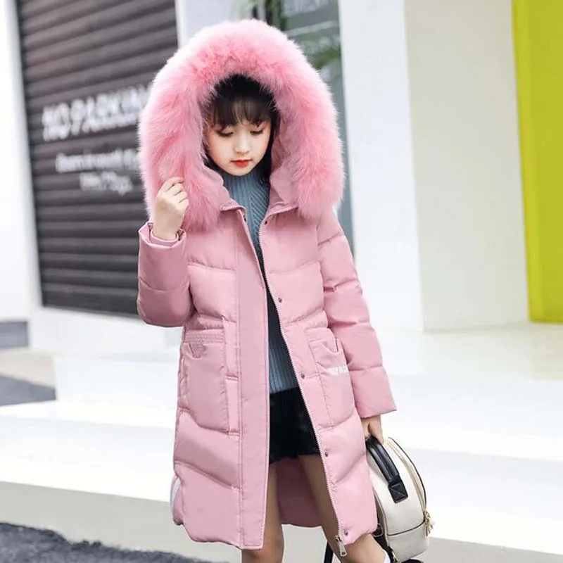 

-35 Degree Russian Winter Children White Duck Down Jackets long hooded Girl Outwear Windpfoof Casual kids Outdoor Coat for 5-12Y