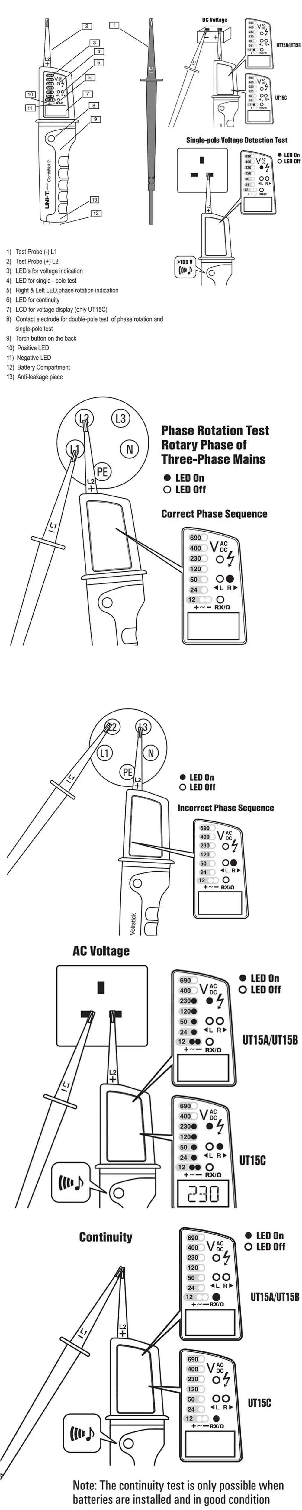 UNI-T UT15B/UT15C Водонепроницаемый Тип тестер напряжения; AC/DC тест напряжения, тест на фазу вращения/одиночный провод(L2) Обнаружение напряжения