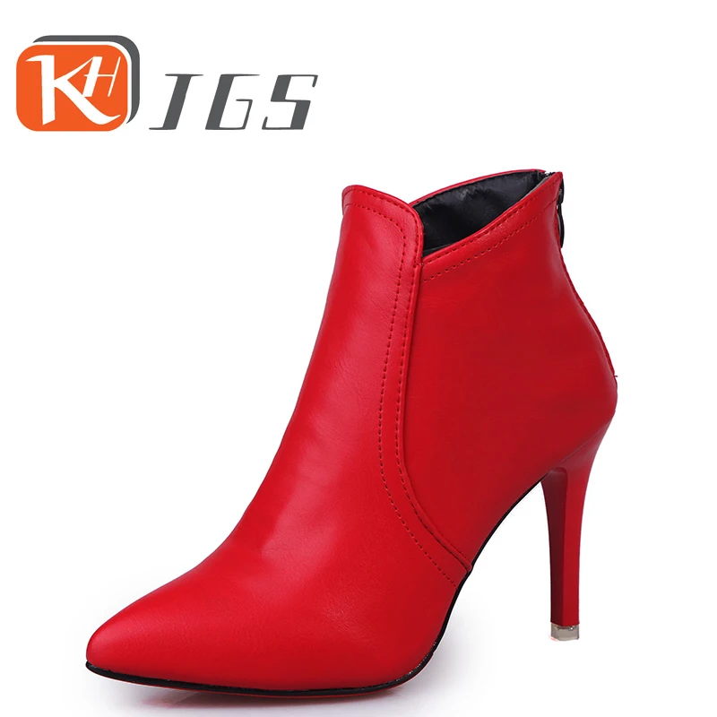 

KHJGS 2017 Spring Autumn Stiletto Thin High Heels Pointed Toe Faux Leather Zip Style Sexy Ankle Womens Boots Shoe Woman