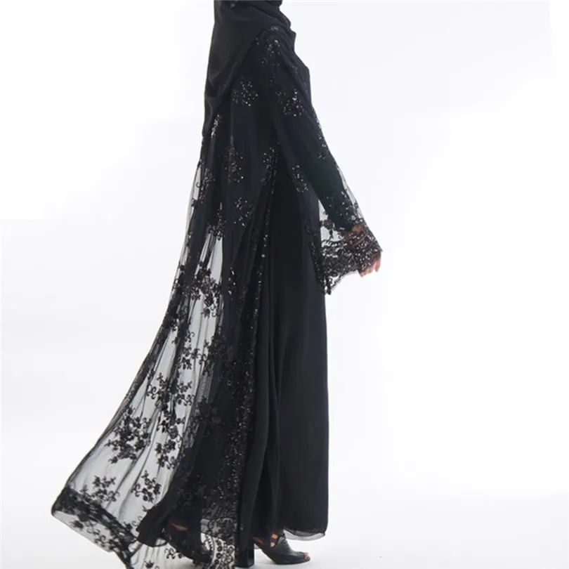 New Muslim Women Summer Lace Sequin Cardigan Long Sleeve Maxi Dress Kimono Open Abaya Robe Kaftan Dubai #4F08 (8)