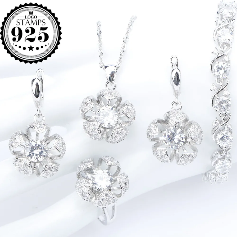 

White Zircon Silver 925 Wedding Costume Jewelry Sets Women Bracelets Pendant&Necklace Ring Earrings With Stones Set Gift Box
