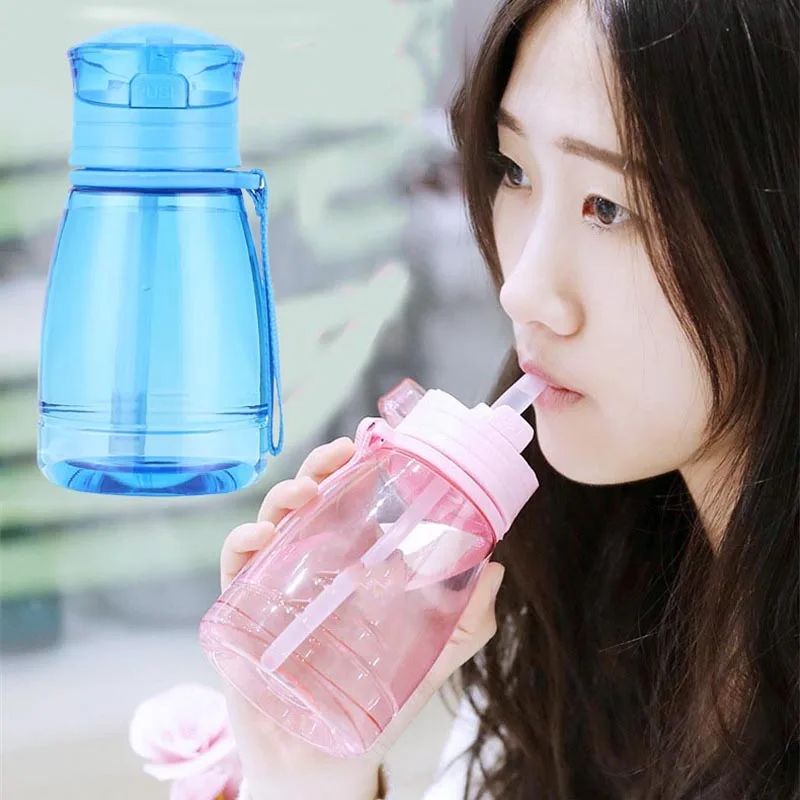 

350ML Plastic Straw Water Cup Leakproof Children Bottle for Water Portable BPA Free Hiking Tumbler With Rope