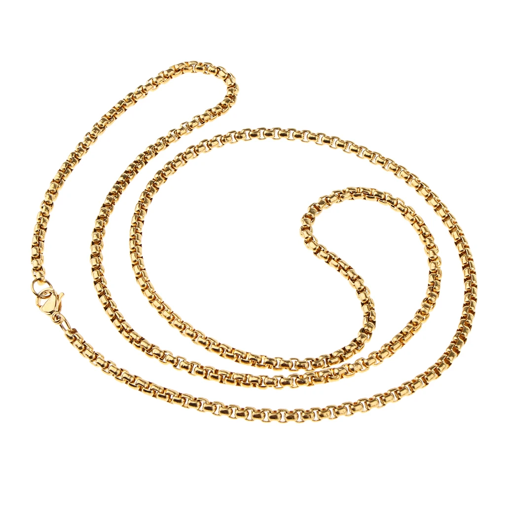 Gold Stainless Steel Round Curb Cable Box Link Chain Necklace with Lobster Claw Clasp for Women Ladies