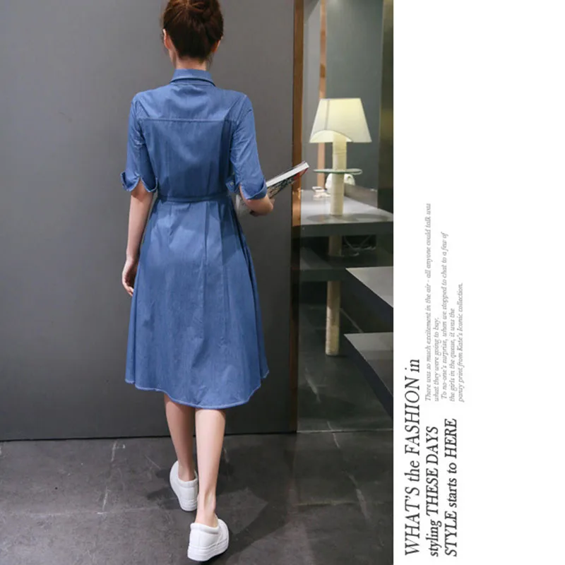  Women's clothing solid color half-sleeved belt slim denim shirt dress ladies fashion casual long section jeans dress (16)
