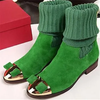 

Bowties Iron Toe Women Snow Boots Knitting Bota Feminina Sock Mid-Calf Slip On Thigh High Boots Elastic Motorcycle Shoes Woman