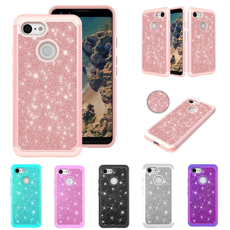 Luxury 2 in 1 PC+TPU Glitter Cases Cellular Phone Silicone Cover Shell Coque Funda Hull Capa Caja for Google Pixel 3 3XL |