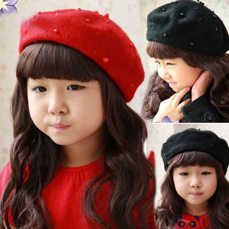 Kids Girls Lovely Pompom Beads French Beret Hat Artist Beanie Cap for 3-6 Yrs