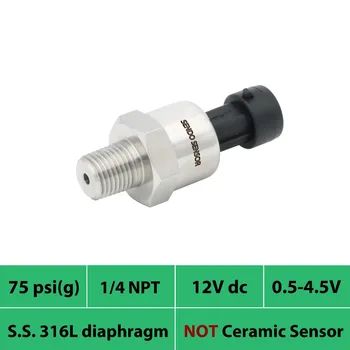 

piezoresistive silicon pressure sensor, 0 75psi, power 12Volt DC, 24V , 0.5 4.5V signal, 1 4 in NPT thread, AISI 316L diaphragm