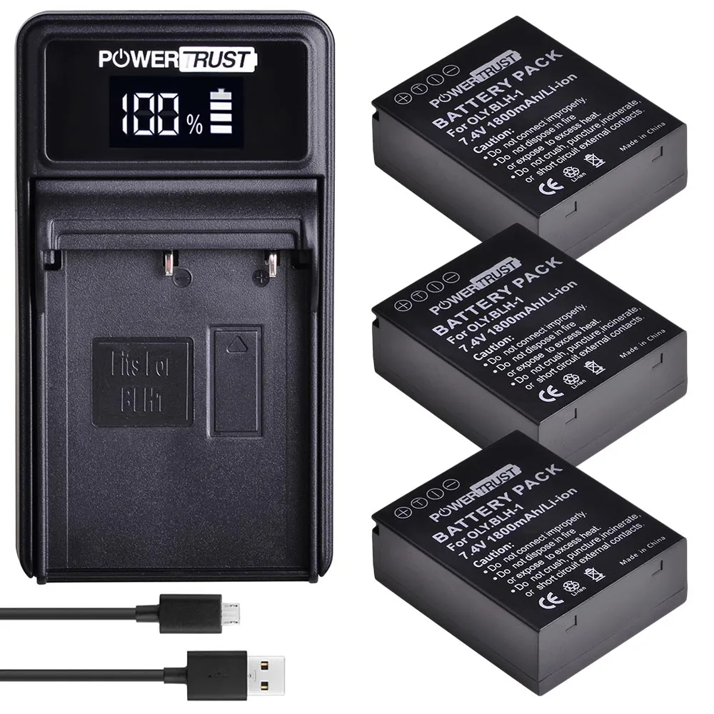 PowerTrust BLH-1 BLH1 BLH 1 батарея и светодиодный USB зарядка для Olympus E-M1 Mark II батареи для камеры - Цвет: 3Battery and charger