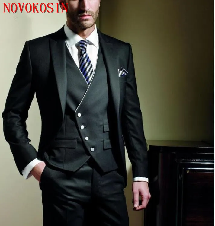 

2019 Three-Piece New Fashion Men Black Vest Off-Center Button Custom Made Wedding Groom Suits Tuxedo Slim Fit Business Suit