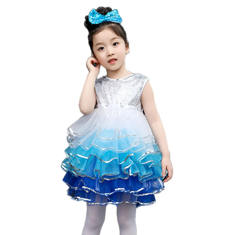 

Childrens kid Performance Dance Sequined Gradient color mesh Tutu Dress Girls Kids cake Dancewear Hosting clothes Dress C2953