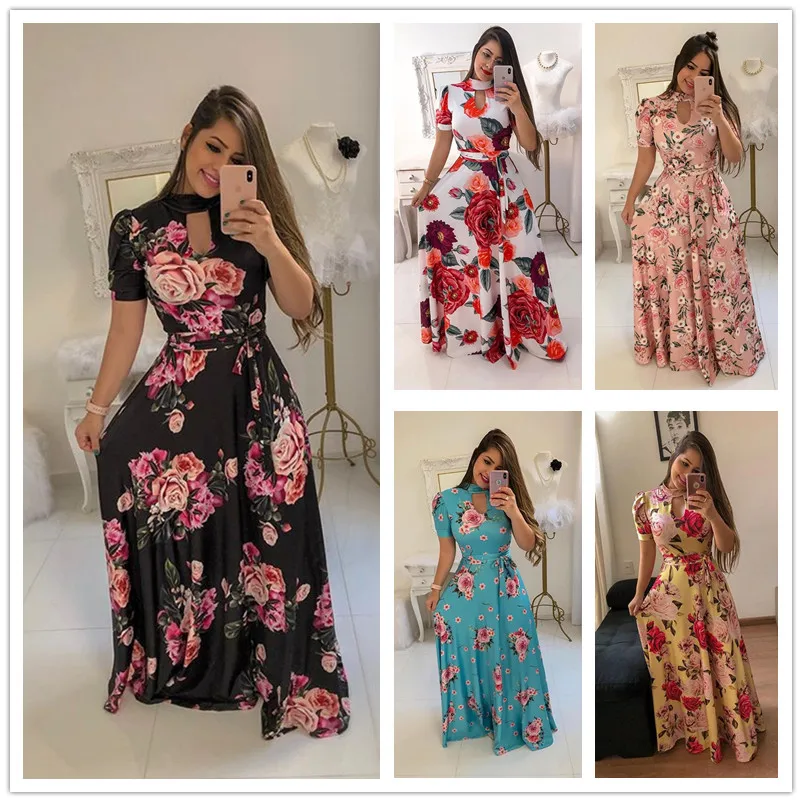 

2019 Spring Summer Boho Maxi Dress Vintage Floral Printed Dot Dress Women Elegant Long Party Dresses Female Robe Femme Vestidos