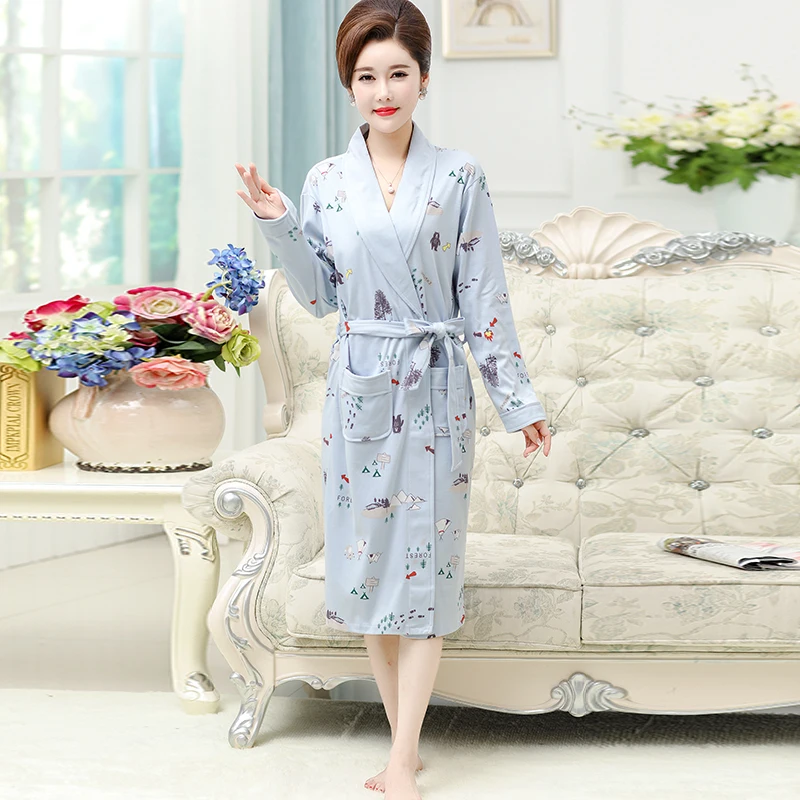 Women's robe spring and autumn long sleeve 100 cotton bathrobes thin