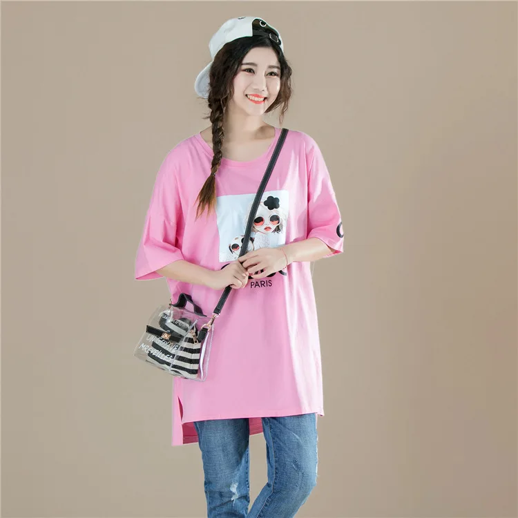2018 Summer Loose Oversize Short Sleeve Women T Shirt Korean Casual Print O Neck Tops Plus Size White Black Pink T Shirt