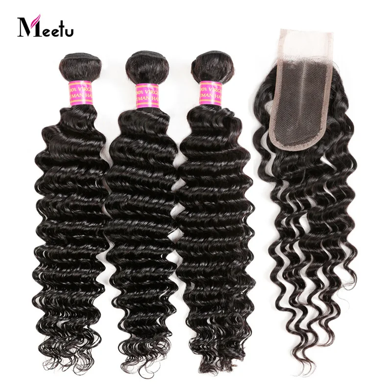 

Peruvian Deep Wave Hair Bundles With Closure 100% Human Hair With Lace Closure Middle Part 2X4 Meetu Non Remy Hair Extensions