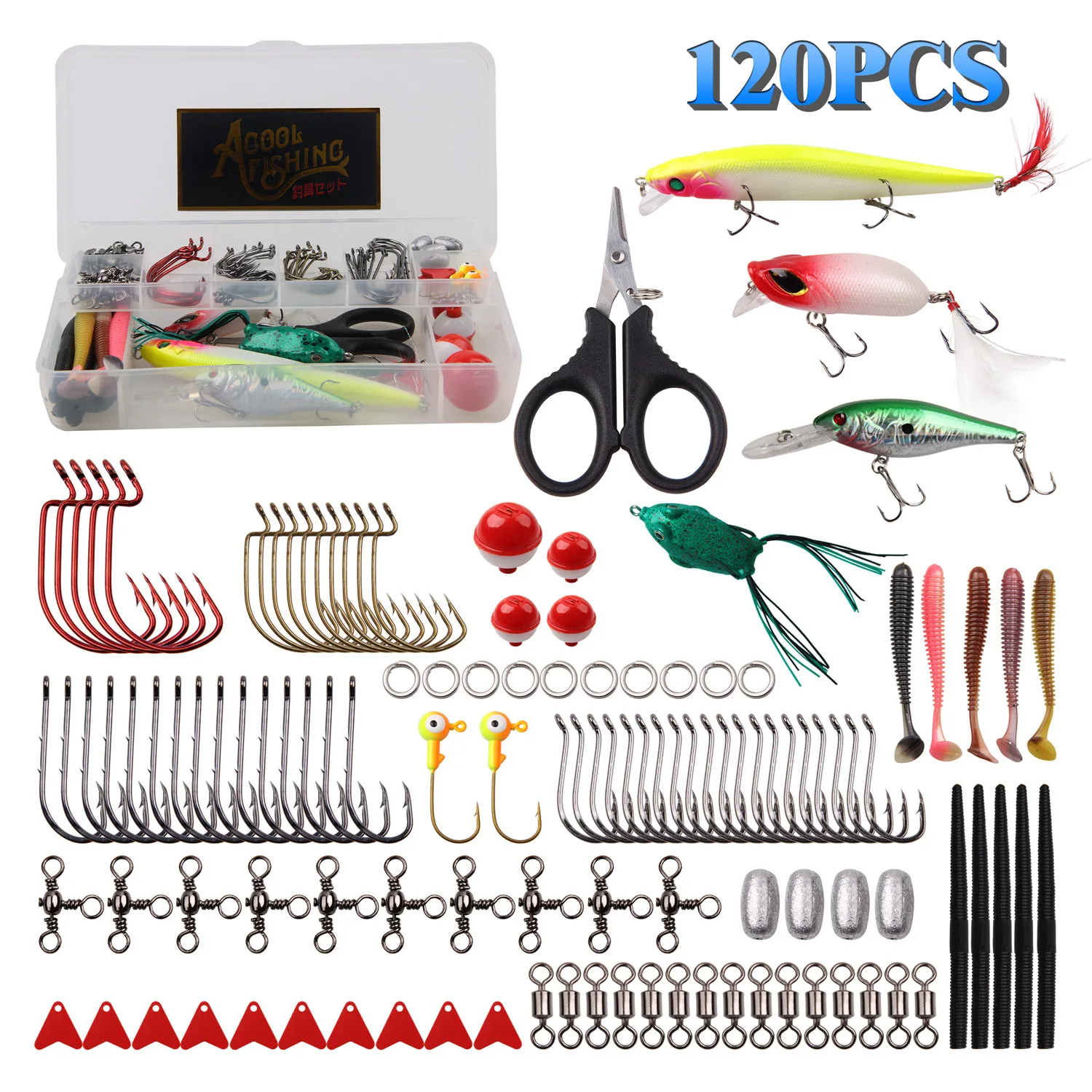

120pcs/box double layer box with fishing tackle tools hard lures Fishing Scissors floating balls lures fishing bait accessories