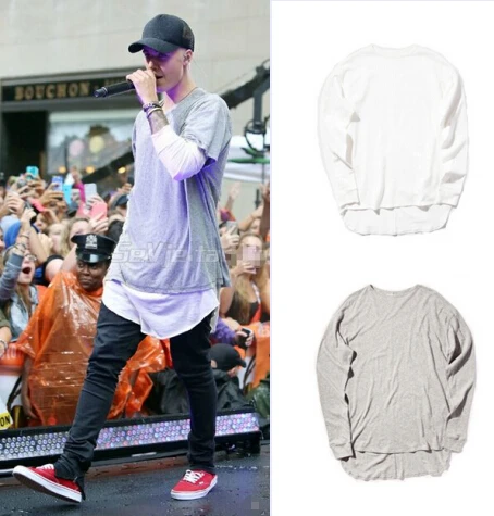 Hipster men justin bieber clothes streetwear brand clothing long sleeve plain extended t shirt curved hem