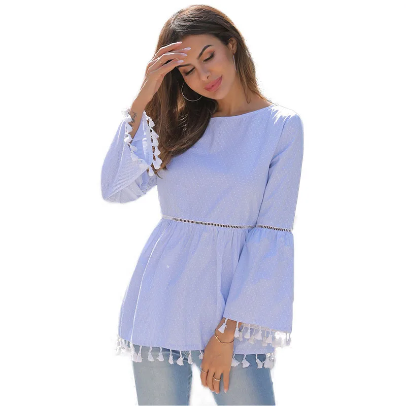 

New 2019 Women's Tassel Blouses and Shirts Dots Striped Casual Women Blouse Spring Summer Blusas Femme