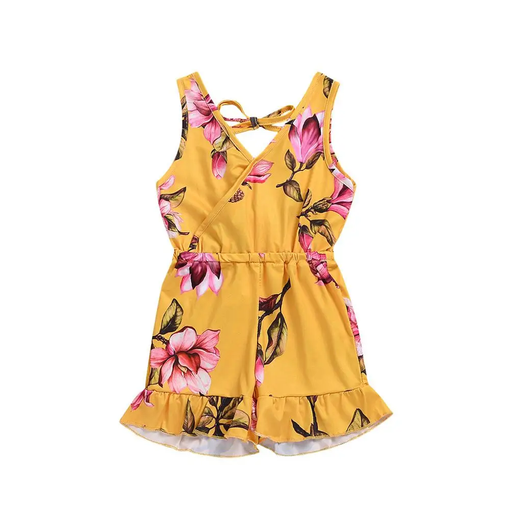 Популярный летний милый Модный комбинезон с цветочным принтом для маленьких девочек, комбинезон, топы, летний костюм - Цвет: Золотой