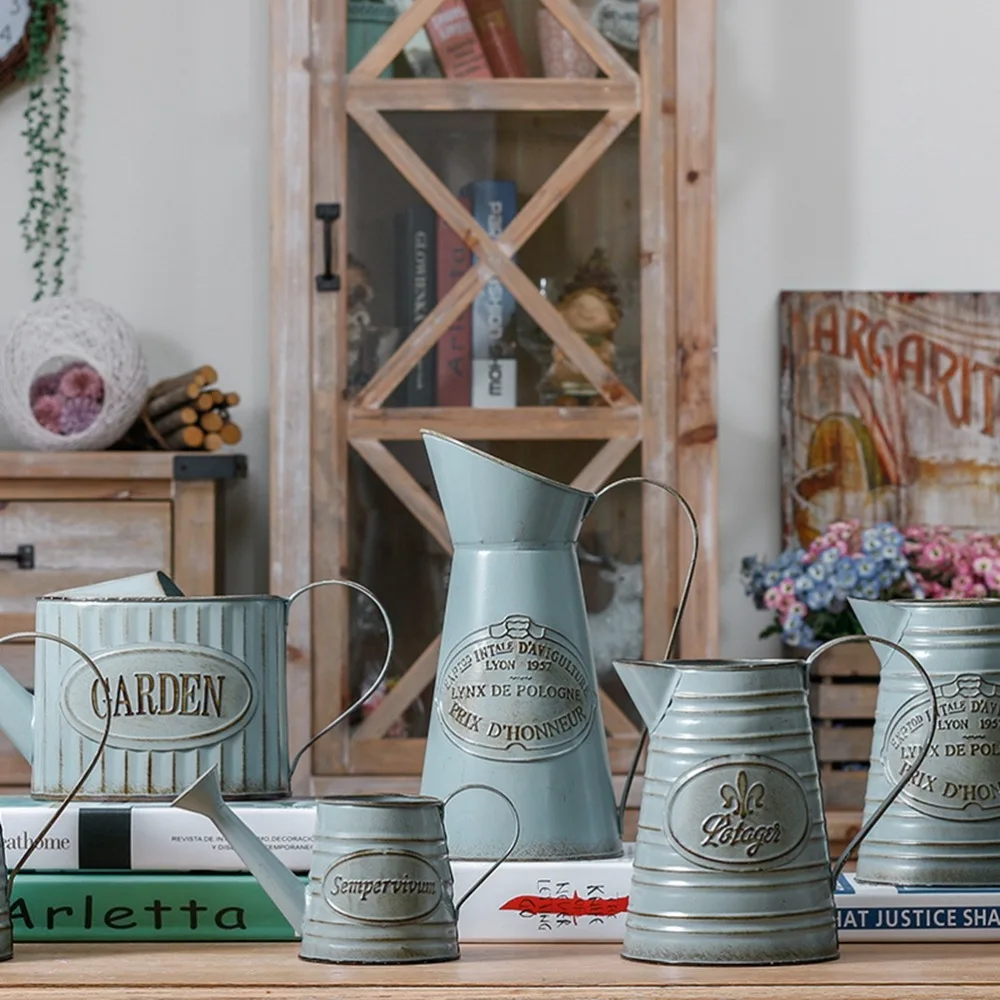

1Pc Rustic Style Iron Metal Jug French Style Portable Flower Can Pot Flower Vase Iron Vase Pitcher for Home Party Decoration