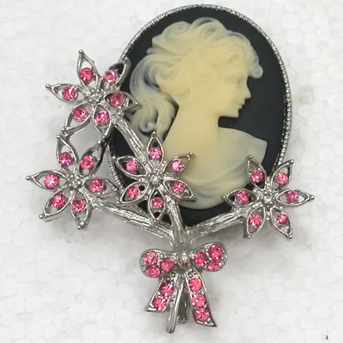 

12pcs/lot Wholesale Portrait Cameo Brooch Rhinestone Flower Pin brooches C101601