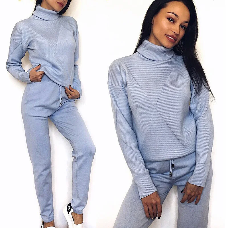 

Women knitted suits Autumn winter thick soft sweater knitted sets Casual turtleneck pullovers and long pants sets