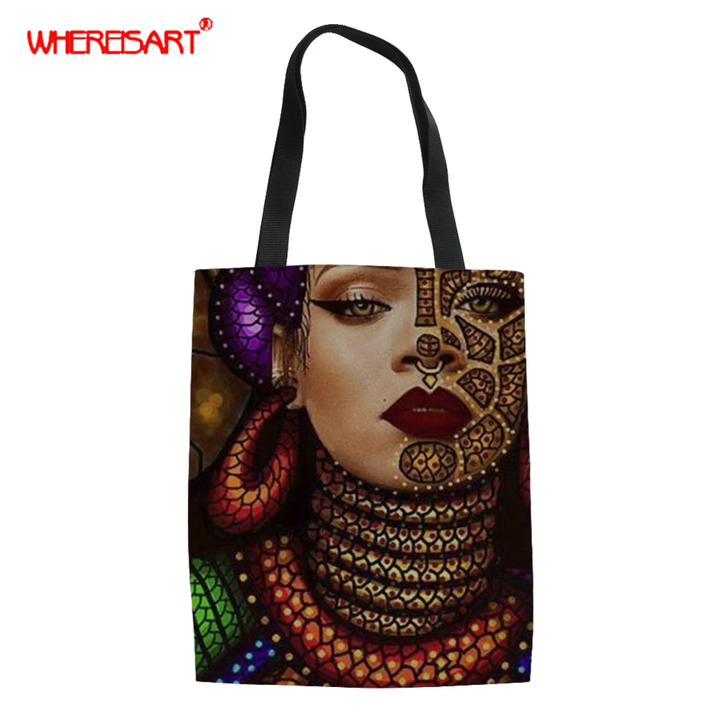 

WHEREISART Custom Fashion Women Tote Bag Photo,Animal, Cartoon, African Prints Ladies Handbags Canvas Shopping Bags Large