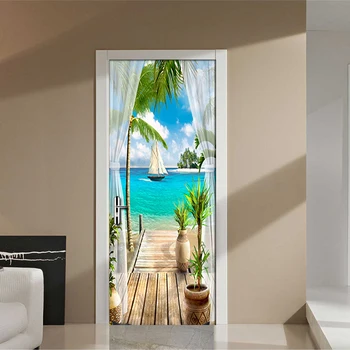 

European Style Door Decal Self Adhesive 3D Sea Landscape Picture Print Home Decor for Living Room Waterproof Art Sticker