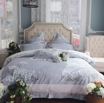 

Blue white Flower Embroidery 60S Egyptian cotton Princess Girl 4/7pcs Bedding Set Duvet Cover Bed sheet Bed Linen Pillowcases
